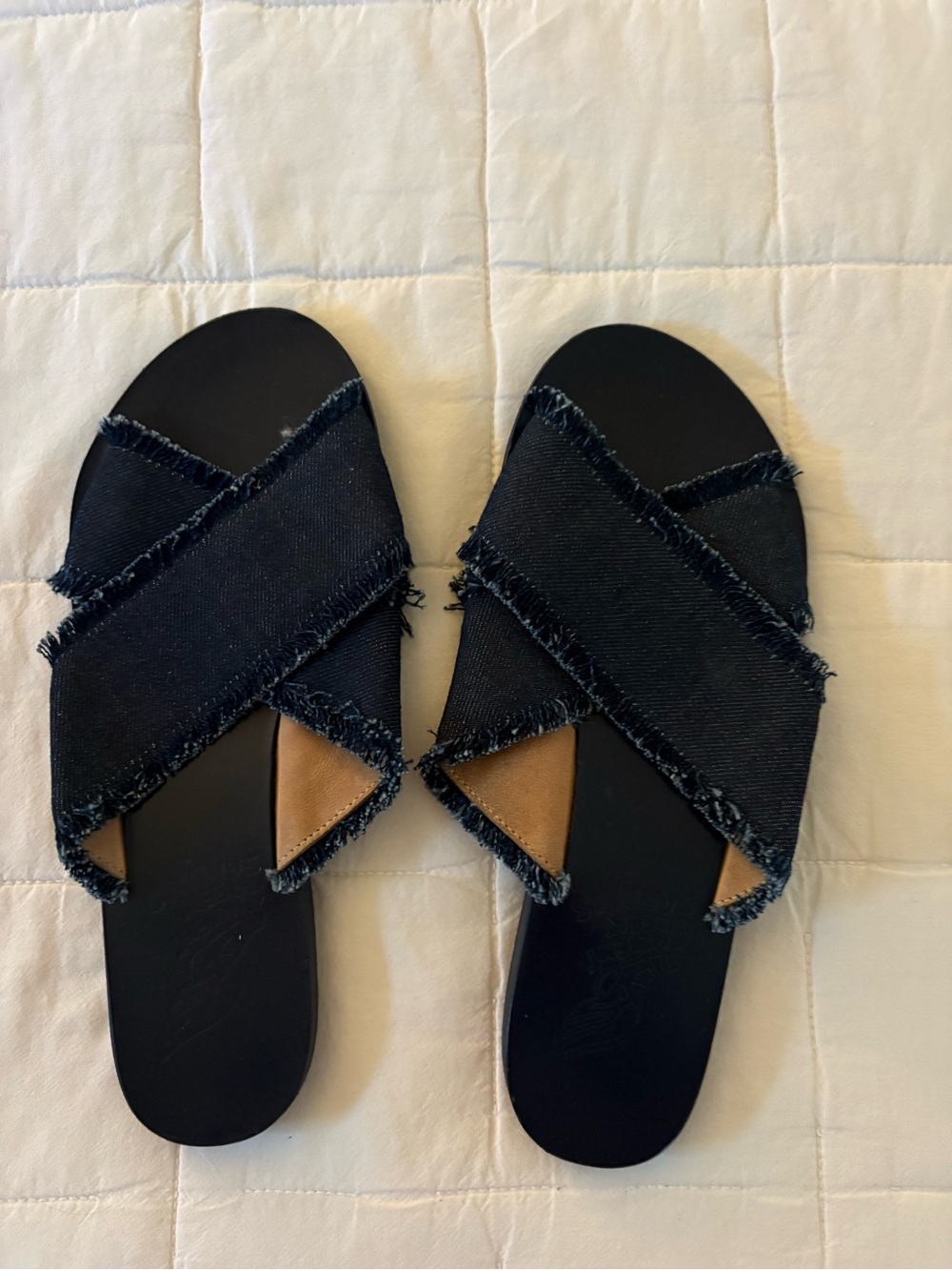 ANCIENT GREEK SANDALS: Women’s Blue Denim Frayed Cross-Strap Slide Sandals